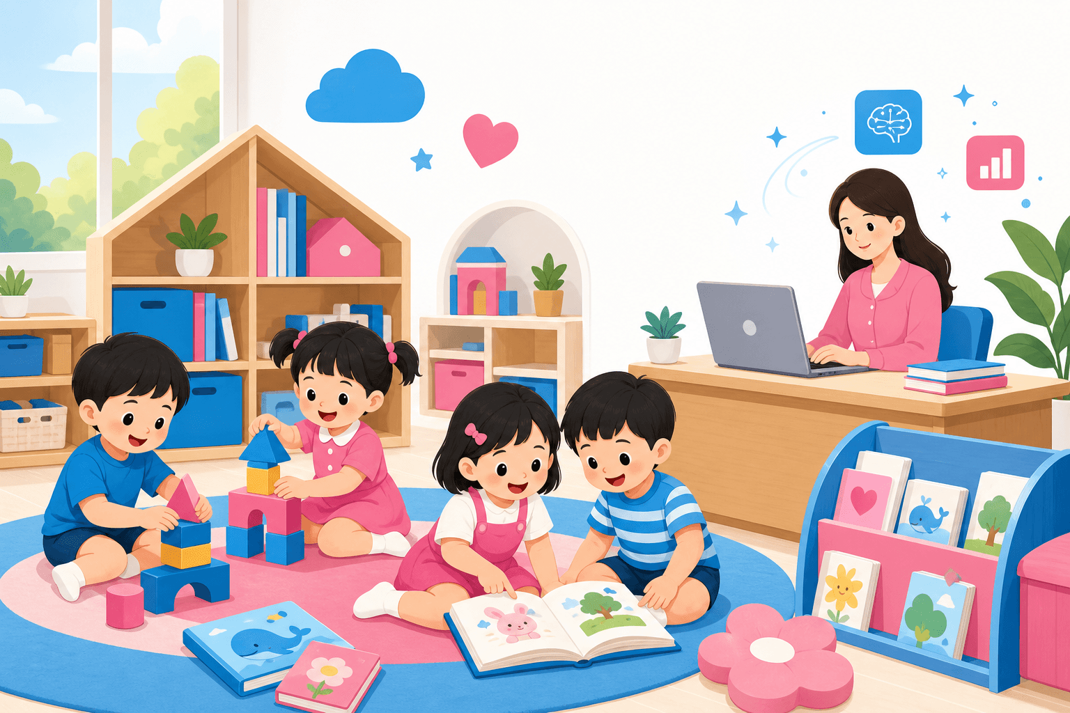 Minh họa lớp mầm non — giáo viên ứng dụng công nghệ hỗ trợ soạn giảng